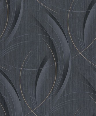 Tapet modern cu linii curbate extralavabil,negru grafit,auriu,GMK 3 10218-15 foto