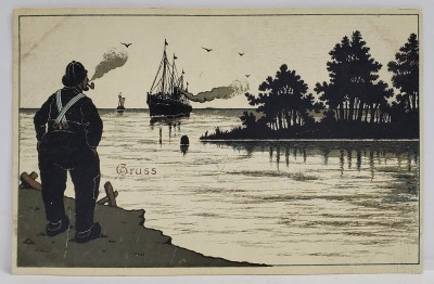 PESCAR ASTEPTAND UN VAPOR LA MAL , CROMOLITOGRAFIE , SEMNATA GRUSS , CARTE POSTALA , CLASICA foto
