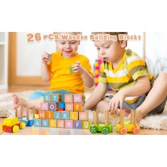 Jucarie de stivuire tip trenulet, blocuri colorate cu literele din alfabet, animale, fructe, cartonase cu animalute, din lemn, cu miscare de rotatie,
