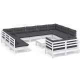 Cumpara ieftin Set mobilier gradina cu perne, 12 piese, alb, lemn masiv pin