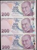 TURCIA LOT/ SET 3 X 200 LIRE 2024 /2025 prefix H , I , J - UNC , P- 227g , necirculata , Semn Guvernator Fatih Karahan , Viceguv Osman Cevdet Akcay