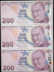 TURCIA LOT/ SET 3 X 200 LIRE 2024 /2025 prefix H , I , J - UNC , P- 227g , necirculata , Semn Guvernator Fatih Karahan , Viceguv Osman Cevdet Akcay