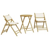 Set de bistro pliabil, 3 piese, cu perne alb crem, bambus