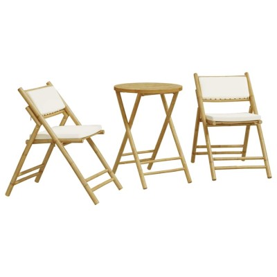Set de bistro pliabil, 3 piese, cu perne alb crem, bambus foto