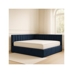 Pat Tapitat De Colt Figo Albastru Catifea Premium + Saltea Lux Ortopedica 140x200cm