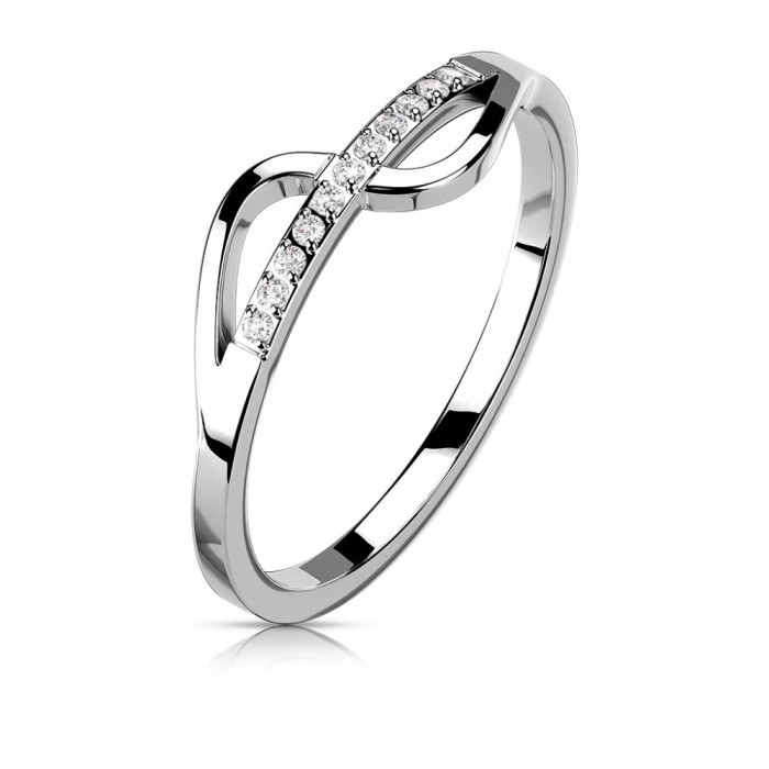 Inel din oțel 316L de culoare argintie - linie de zircon cu val neted - Marime inel: 51