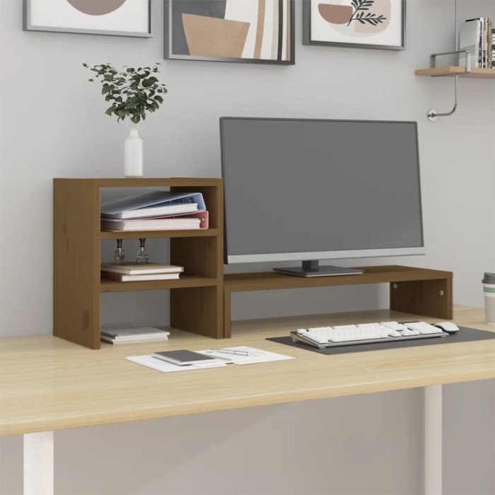 Gossi suport pentru monitor, maro miere, 81x20x30 cm, lemn masiv pin