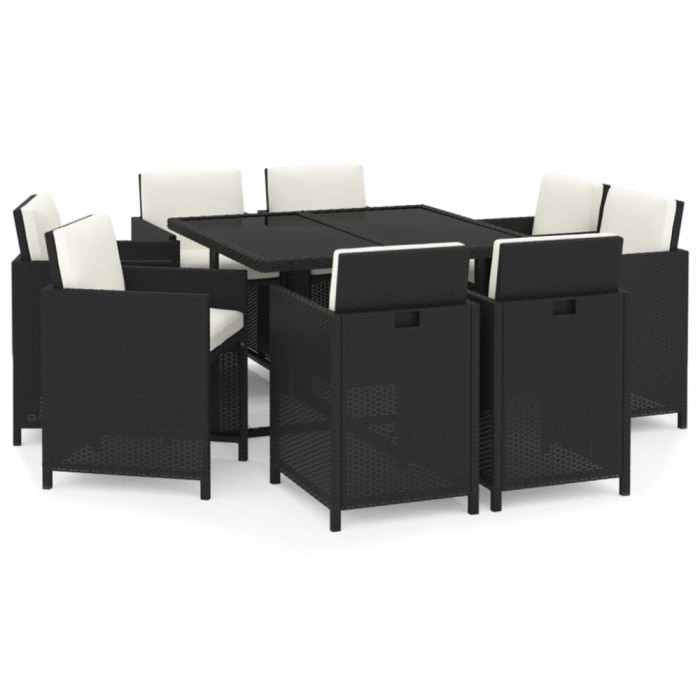 Set mobilier de gradina cu perne, 9 piese, negru, poliratan