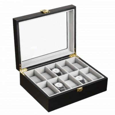 Cutie caseta din lemn pentru depozitare si organizare 10 ceasuri, model Pufo Premium, negru foto