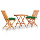 Set bistro 3 piese cu perne verde, lemn masiv de tec