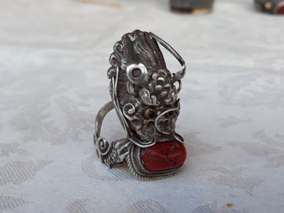 argint INEL DRAGON IMPERIAL CHINEZESC cu CORAL si ONIX antic UNIC NOBILIAR foto