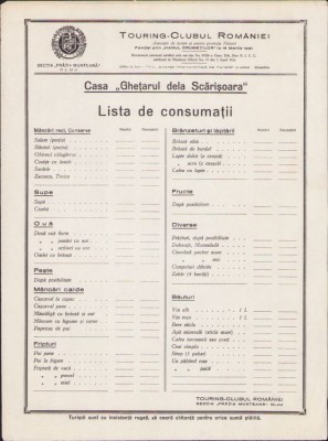 HST PM114 Meniu Casa Ghețarul dela Scărișoara Touring Clubul Rom&amp;acirc;niei foto