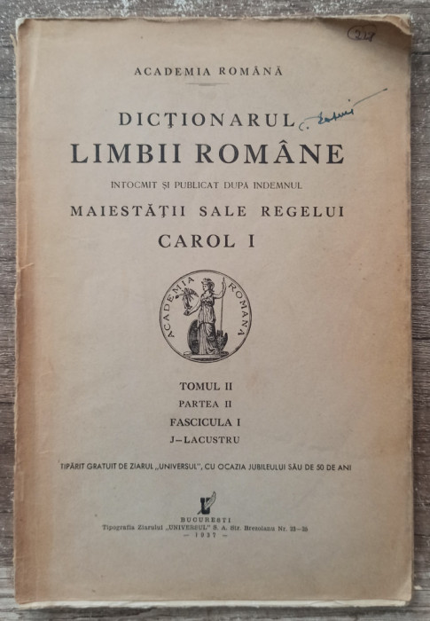 Dictionarul limbii romane// tomul II, partea II, fascicula I, 1937