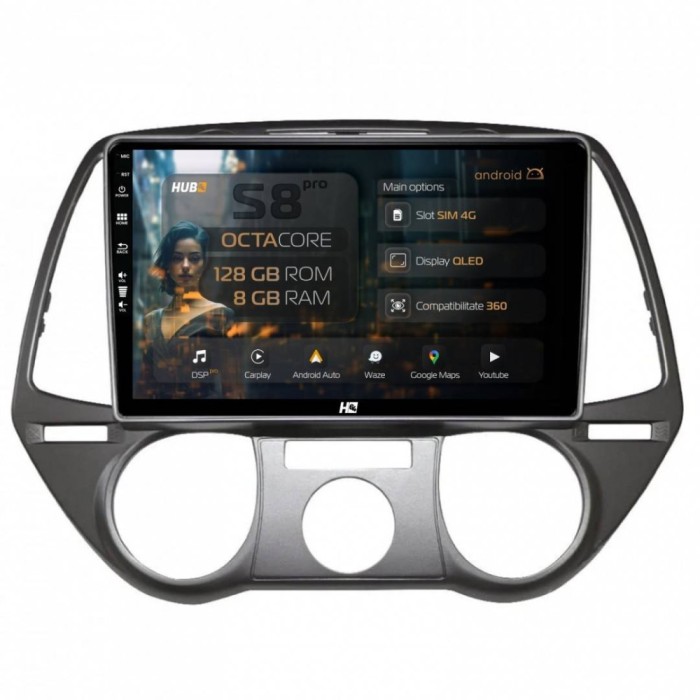 Navigatie Hyundai I20 (2008-2012) 8GB RAM Android 13 Octacore Slot Sim 4G DSP GPS Wi-FI Carplay Android Auto USB Bluetooth Waze Touchscreen 9 Inch