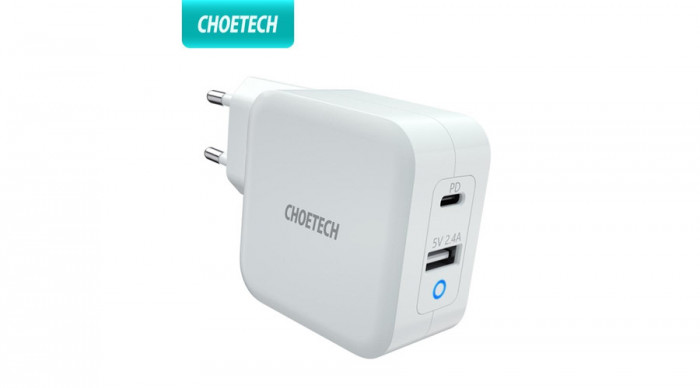 Choetech PD8002 &Icirc;ncărcător de perete USB C PD 3.0 de mare putere 65W cu 2 porturi USB C (compatibil cu MacBook)