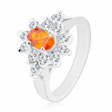 Inel de culoare argintie, zirconiu oval portocaliu cu margine transparentă - Marime inel: 49