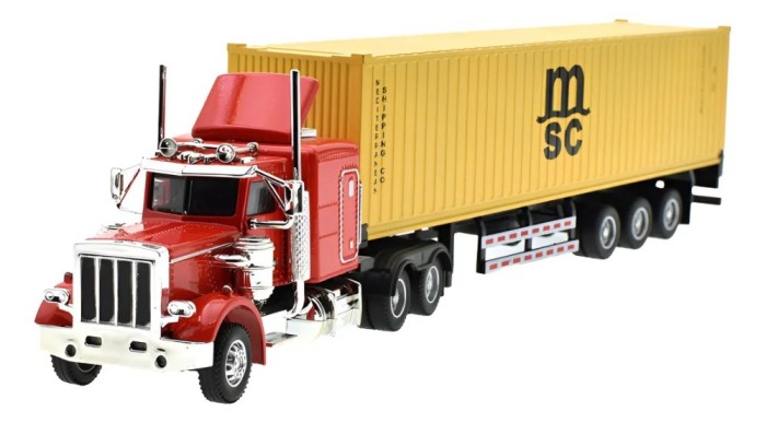 Macheta Camion American container metalic cu remorca MSC 36 cm lumini si sunete pull back