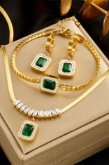 Set Bijuterii Placat Aur 18K, Lant 39+5cm, Bratara 17+5cm, Cercei si Piatra