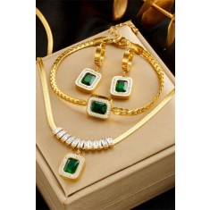 Set Bijuterii Placat Aur 18K, Lant 39+5cm, Bratara 17+5cm, Cercei si Piatra
