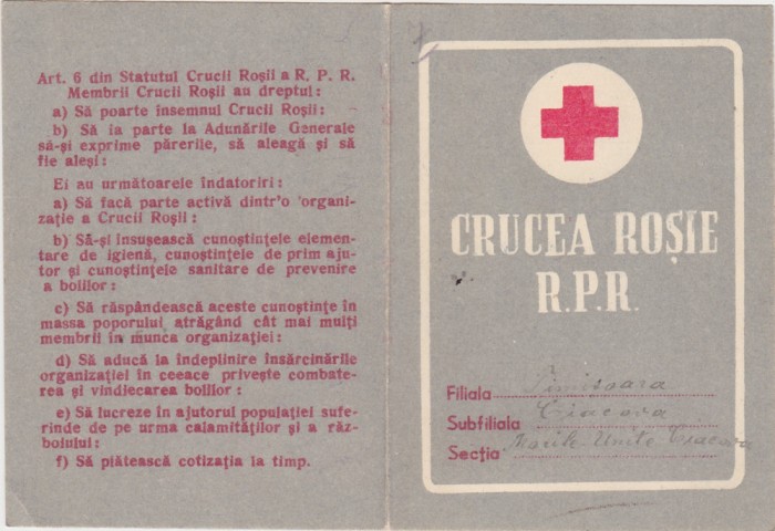 CARNET DE MEMBRU CRUCEA ROSIE RPR CU TICHET DE COTIZATII 1950-1953