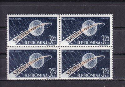 ROMANIA 1958 LP 460 AL III-LEA SATELIT ARTIFICIAL SPUTNIK III BLOC DE 4 MNH foto