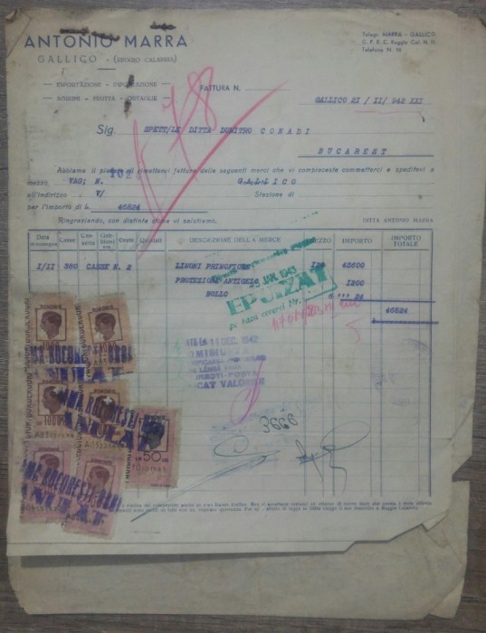 Lot documente marfa Italia/2 facturi, certificat origine, buletin de import 1942