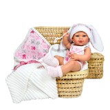 Papusa Nines D&#039;Onil Little Bunny bebelus RN cu hainute roz, paturica si miros de vanilie 37 cm