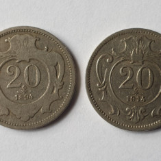 Moneda veche Austria Lot x 4 piese - 20 Heller ani diferiti ( 1893 - 1916 )