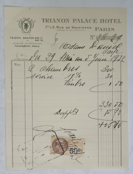 6..CHITANTA ELIBERATA FAMILIEI DOCTORULUI CONSTANTIN DANIEL DE HOTELUL &#039; TRIANON PALACE &#039; DIN PARIS , 1932