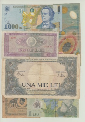 ROMANIA - LOT 6 BANCNOTE DETERIORATE DE LA 1000 LEI 1941 LA 1 LEU 2005, B1.167 foto