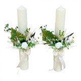 Set lumanari personalizabile, pentru cununie religioasa cu aranjament frontal cu trandafir criogenat si plante naturale uscate, 40 cm (Alb verde), Eventissimi&reg;