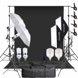 Cumpara ieftin Pachet studio foto video cu fundal negru, iluminare LED 150W 5500K cu telecomanda, 2 softboxuri, 2 umbrele si stative reglabile 200 cm
