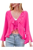 Cumpara ieftin Bluză de damă din chiffon cu fundă &icirc;n față, m&acirc;neci lungi, volane, decolteu &icirc;n V, tip shrug, cardigan pentru vară