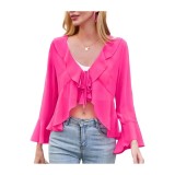 Bluză de damă din chiffon cu fundă &icirc;n față, m&acirc;neci lungi, volane, decolteu &icirc;n V, tip shrug, cardigan pentru vară