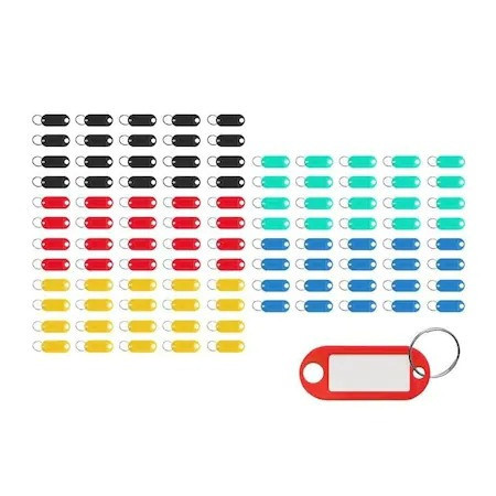 Set 100 brelocuri multicolore, din plastic, cu eticheta, pentru chei