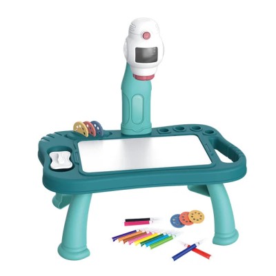 Set masuta de desen cu proiector holografic, 6 diapozitive cu 48 animatii si muzica, 12 carioci, albastru, 32 x 25 x 38 cm foto