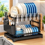 Cumpara ieftin Scurgator vase negru Versatyx&reg;, Etajat, Suport pentru tacamuri si tocator, Suport pentru pahare si cani, Tava cu scurgere inclusa, Doua nivele pentru
