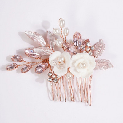 Accesoriu par auriu-rose, stil pieptene, cu floricele si cristale roz, Francesca foto