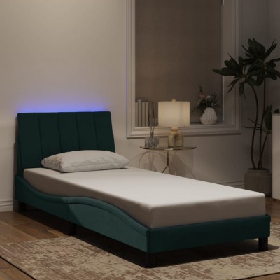 vidaXL Cadru de pat cu lumini LED, verde &amp;icirc;nchis, 90x190 cm, catifea foto