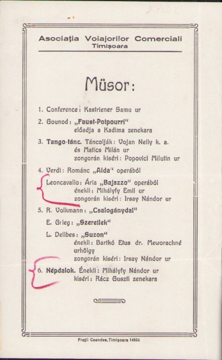 HST A2065 Program conferință Kastriener Samuel anii 1930 Timișoara