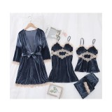 Cumpara ieftin Set Pijama De Dama 4 Piese Gri Petrol Din Catifea- MEI14