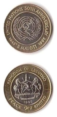 SV * Lesotho 5 MALOTI 1995 * SEMICENTENAR ONU 1945 * BIMETAL * UNC foto