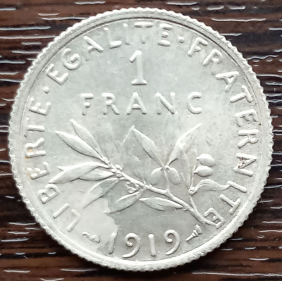 (A1049) MONEDA DIN ARGINT FRANTA - 1 FRANC 1919, SEMANATOAREA foto