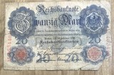 BNKSTR03DE Bancnotă Veche Germania 20 Mark 1907 (Reichsbanknote), Perioada Imperială, Vulturul German, Colecție / Numismatică