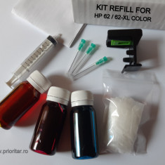 Kit refill reincarcare si desfundare cartuse HP62 HP 62XL C2P06AE C2P07AE color