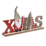 Decorațiune de Crăciun, Tablă Lemn XMas Gnome Brad, 24x14cm, Roșu/Auriu, Glitter, Oem