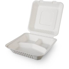Set 100 Caserole Biodegradabile, 228x230x80 mm, Trestie de Zahar, Tricompartimentate, Set Caserole Ecologice Catering, Caserole Meniuri, Set Caserole foto