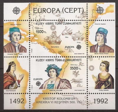 CIPRU TURCESC 1992 EUROPA CEPT C. COLUMB ( bloc dantelat ) MNH foto