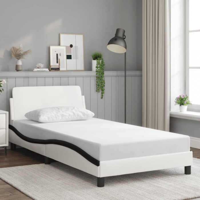 Cadru de pat cu tăblie alb și negru 100x200cm piele artificială
