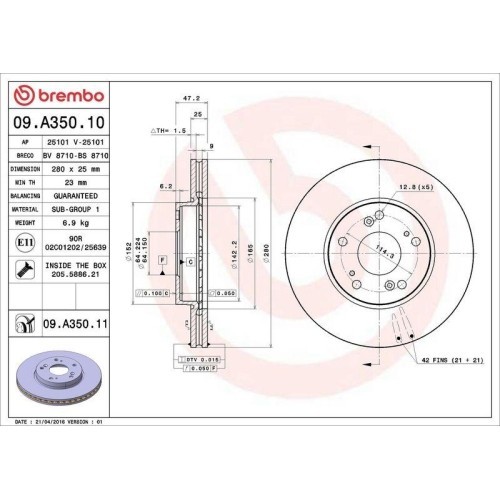Set disc frana Honda Accord 6 (Ck Cg Ch Cf) 03.97-12.03, Accord 7 (Cl Cn) 01.03-09.12, Accord 7 Tourer (Estate) (Cm Cn) 04.03-05.08, Fata, 280X25mm,